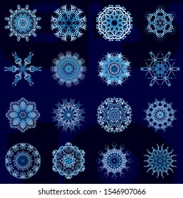Round, snowflake-like lace ornament, circle with many details, like crocheting handmade lace. Arabesques or mandalas or even turkish
