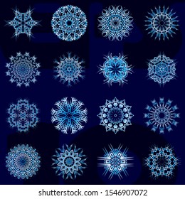 Round, snowflake-like lace ornament, circle with many details, like crocheting handmade lace. Arabesques or mandalas or even turkish