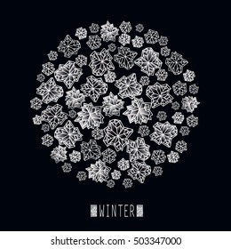 Round snowstorm frame. Polygonal trendy style snowflakes on black white background. Winter holidays  concept vector illustration  stock vector.