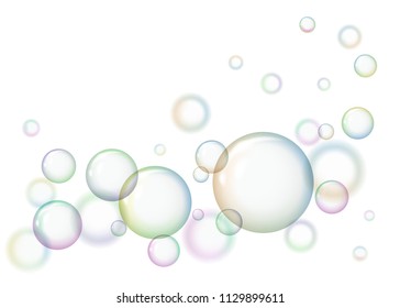Round soap bubbles on white background. Vector illustration. Picture with circles.