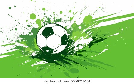 A round soccer ball on vibrant green grass paint splashes vector background. Football ball on splashes of green paint illsutrtion, dynamic and energetic visual essence of the sport of soccer