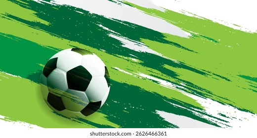 A round soccer ball on vibrant green grass paint splashes vector background. Football ball on splashes of green paint illsutrtion, dynamic and energetic visual essence of the sport of soccer