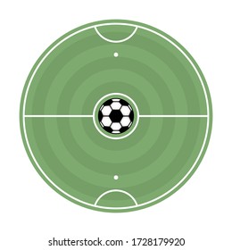 Round soccer field with markup and ball, vector illustration.