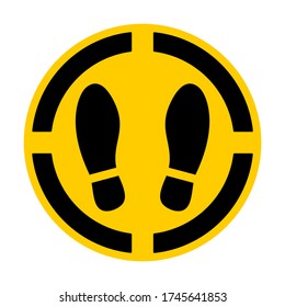 Round Social Distancing Floor Marking Sticker Icon with Shoeprints For Queue Line. Vector Image.