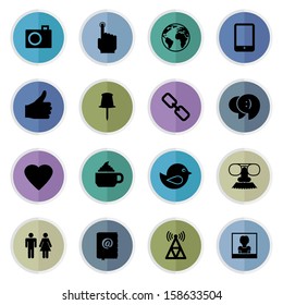 round social media icons in flat color, isolated on white