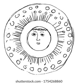 Round solar decor or mandala. Stylized anthropomorphic funny sun with human face. Ancient Russian folk motif. Hand drawn linear doodle ink sketch. Black silhouette on white background.