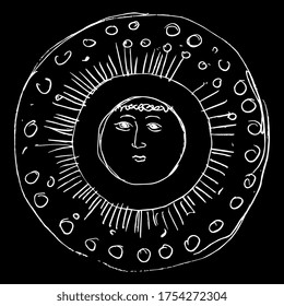 Round solar decor or mandala. Stylized anthropomorphic funny sun with human face. Ancient Russian folk motif. Hand drawn linear doodle sketch. White silhouette on black background.