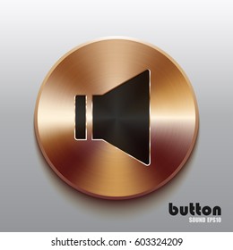 Round sound speaker button with black symbol and brushed bronze texture isolated on gray background