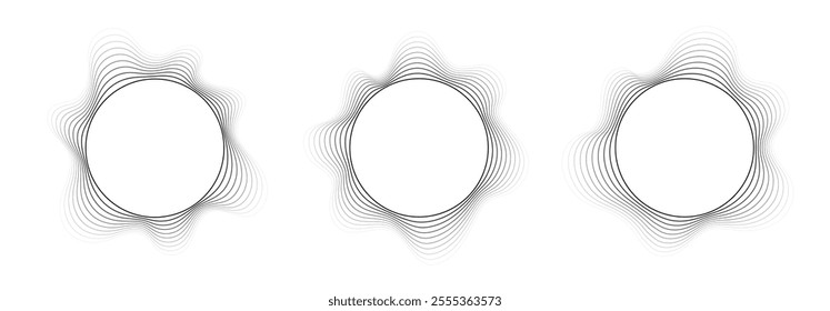 Round sound wave frames, circular lines pattern, radial curvy shapes, geometric concentric design.