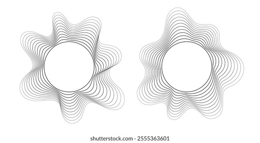 Round sound wave frames, circular lines pattern, radial curvy shapes, geometric concentric design.