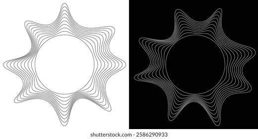 Round sound wave frames, circular lines pattern, radial curvy shapes, geometric concentric design.