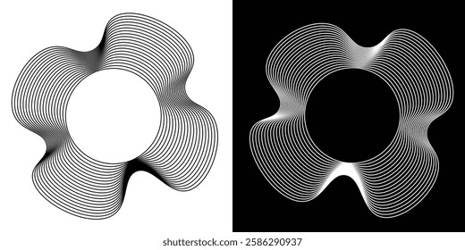 Round sound wave frames, circular lines pattern, radial curvy shapes, geometric concentric design.