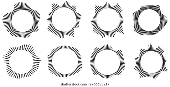 Round sound wave set. depicting audio music, round symbols of voice, icons and logos for equalizers, radial spectrum designs, ring patterns.