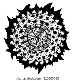 Round space black and white mandala, consisting of small patterns of stars, stripes, web and a flame of fire from the outside.