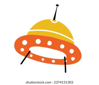 Round space rocket with antenna. Flying saucer UFO. Flat vector illustration