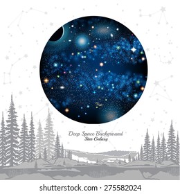 round space with stars planets in space on white background with grey constellation and forest