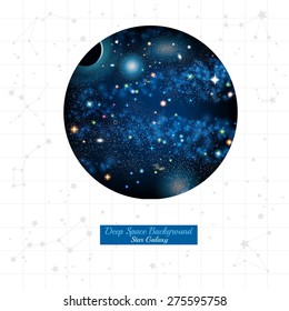 round space with stars planets in space on white background with grey constellation and star map