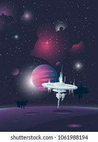 Round space station orbits around the moon of a large purple gas planet with other planet and distant stars and nebulas on dark universe background