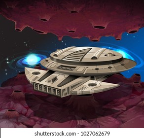 Round spaceship flying in the galaxy illustration