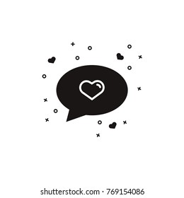 Round Speech Bubble With Heart Black Sillhouette. Comic Balloon For Messaging, Texting Or Chatting. Dialog Box Symbol For Social Media Applications And Dating Services In Material Design.