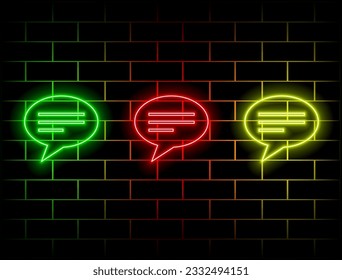 Signe néon de la bulle d'expression ronde. rétro vide. Espace pour le texte. Bannière d'effet lumineux extérieure. Coffret de conversation sur mur de briques. Étiquette lumineuse. Barrage modifiable. illustration vectorielle. beaucoup de couleurs.