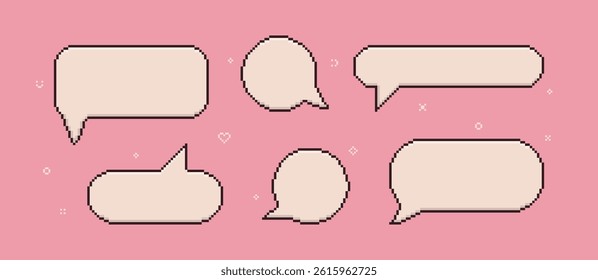 Round speech bubble sticker pack. Pixel art collection of circular, oval dialogue boxes in pastel colors.