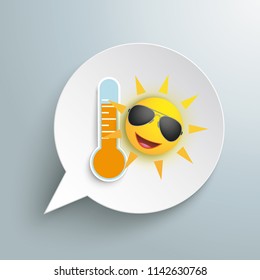 Round speech bubble with thermometer and sun on the gray background. Eps 10 vector file.