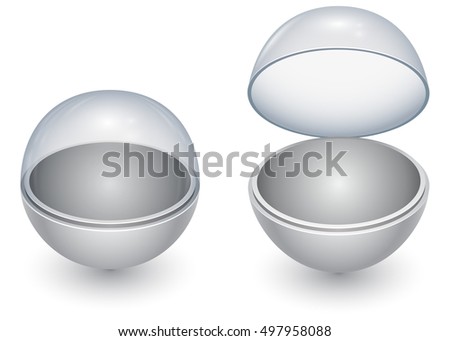 Round sphere capsule with glass cover in closed and opened state vector template isolated on white background. Layered EPS10 file with transparency and easy editable background.