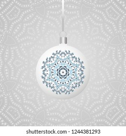 Round sphere Christmas ball hanging on ribbon. Collection of Baubles with ornaments. New Year Decoration. Vector illustration background design. 