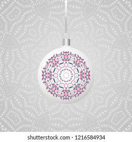   Round sphere Christmas balls hanging on ribbon. Collection of Baubles with ornaments. New Year Decoration. Vector illustration background design. 
