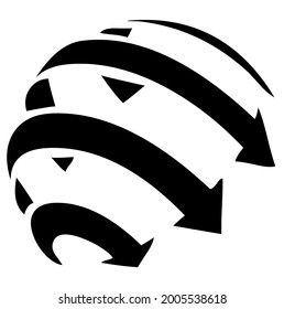 Esfera redonda con rayas y flechas giratorias, giratorias, giratorias, diseño abstracto 3d, vector, ilustración en color negro y blanco, aislado en fondo blanco