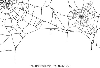 Round Spiderweb Decorative design for Corner placement, banner and Halloween Frame, Autumn hand drawn Vector illustration on white Background with copy space