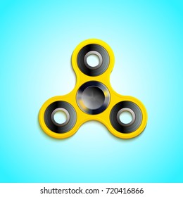 Round spinner toy consisting of ball-bearing in center of multi-lobed flat structure made from yellow metal vector illustration icon on blue background