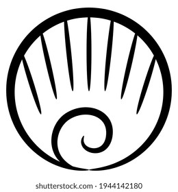 Round spiral abstract shape. Stylized shell. Ancient symbol of Aztec Indians. Black and white linear silhouette.