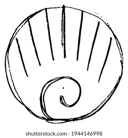 Round spiral abstract shape. Stylized sea shell. Hand drawn linear doodle rough sketch. Black silhouette on white background.