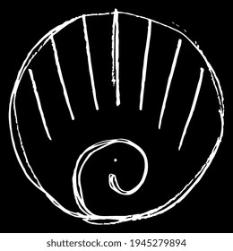 Round spiral abstract shape. Stylized sea shell. Hand drawn linear doodle rough sketch. White silhouette on black background.