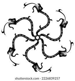 Round spiral animal ornament with snakes or dragons. Serpent mandala. Ancient Mexican design or Mixtec Indians. Pre Columbian Native American art. Black and white silhouette.