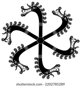 Round spiral animal star design or mandala with heads of fantastic dragons or griffins. Viking drakkar with long neck and spiral mane. Norse mythology. Black and white silhouette.