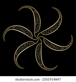 Runde Spiraldekoration. Abstrakte kreisförmige Drallform mit gekrümmten Strahlen. Goldene lineare Silhouette auf schwarzem Hintergrund.