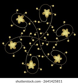 Round spiral decorative mandala with floral motifs. Golden glossy silhouette on black background.