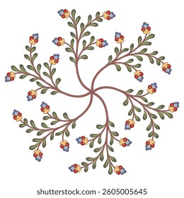 Round spiral floral design or mandala with stylized blooming branches. Isolated vector illustration.