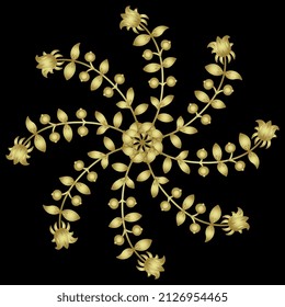 Round spiral floral mandala. Star made of blooming branches with leaves and flowers. Folk style. Golden glossy silhouette on black background.