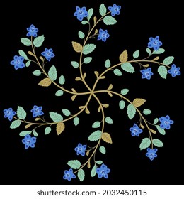 Round spiral floral ornament or mandala. Botanical star with blooming branches. On black background.