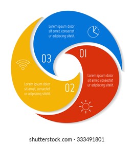 Round spiral infographic diagram with half-round parts. Circular connected chart with 3 options. Progress steps for tutorial. Business concept sequence banner, process layout. EPS10 vector.
