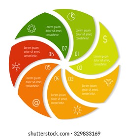 Round spiral infographic diagram with triangle parts. Circular connected chart with 7 options. Progress steps for tutorial. Business concept sequence banner, process layout. EPS10 vector.