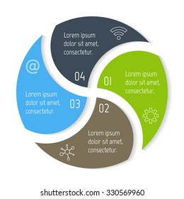 Round spiral infographic diagram with triangle parts. Circular connected chart with 4 options. Progress steps for tutorial. Business concept sequence banner, process layout. EPS10 vector.