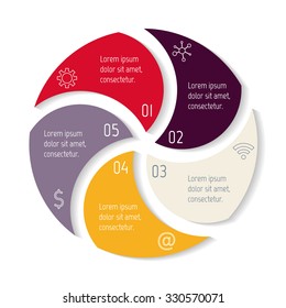 Round spiral infographic diagram with triangle parts. Circular connected chart with 5 options. Progress steps for tutorial. Business concept sequence banner, process layout. EPS10 vector.