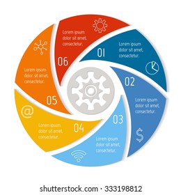 Round spiral infographic diagram with triangle parts. Circular connected chart with 6 options. Progress steps for tutorial. Business concept sequence banner, process layout. EPS10 vector.