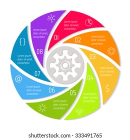 Round spiral infographic diagram with triangle parts. Circular connected chart with 8 options. Progress steps for tutorial. Business concept sequence banner, process layout. EPS10 vector.