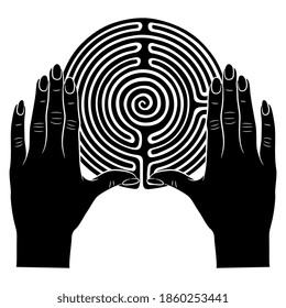 Round spiral labyrinth or maze symbol between two human female hands. Black and white silhouette.